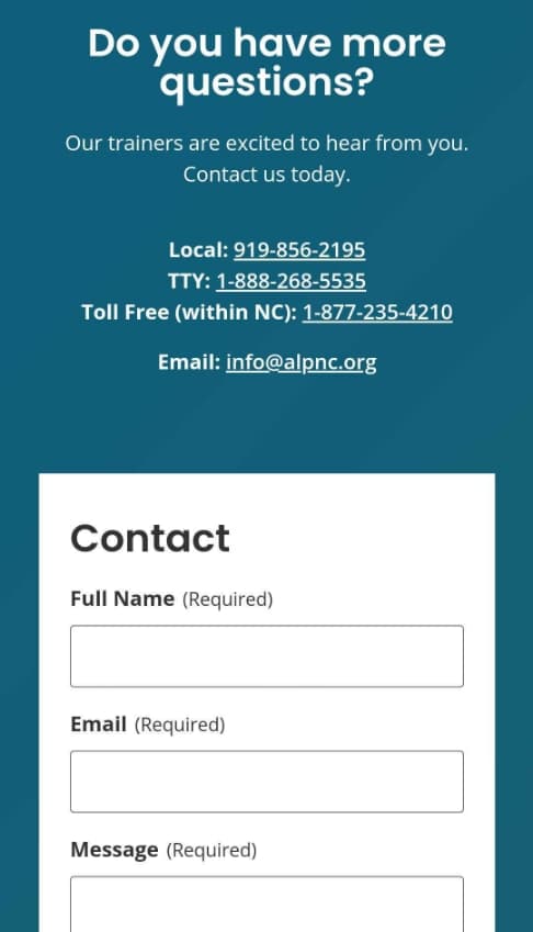 Mobile responsive mockups of ALP NC contact form