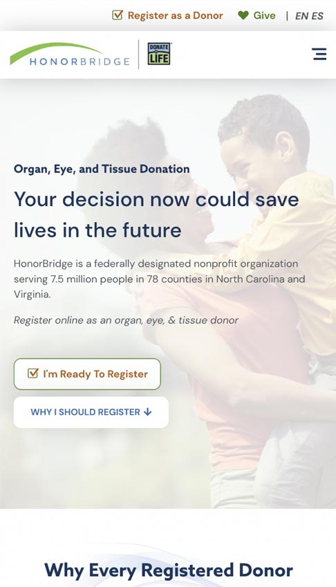 HonorBridge Organ Donation in NC homepage mobile screenshot
