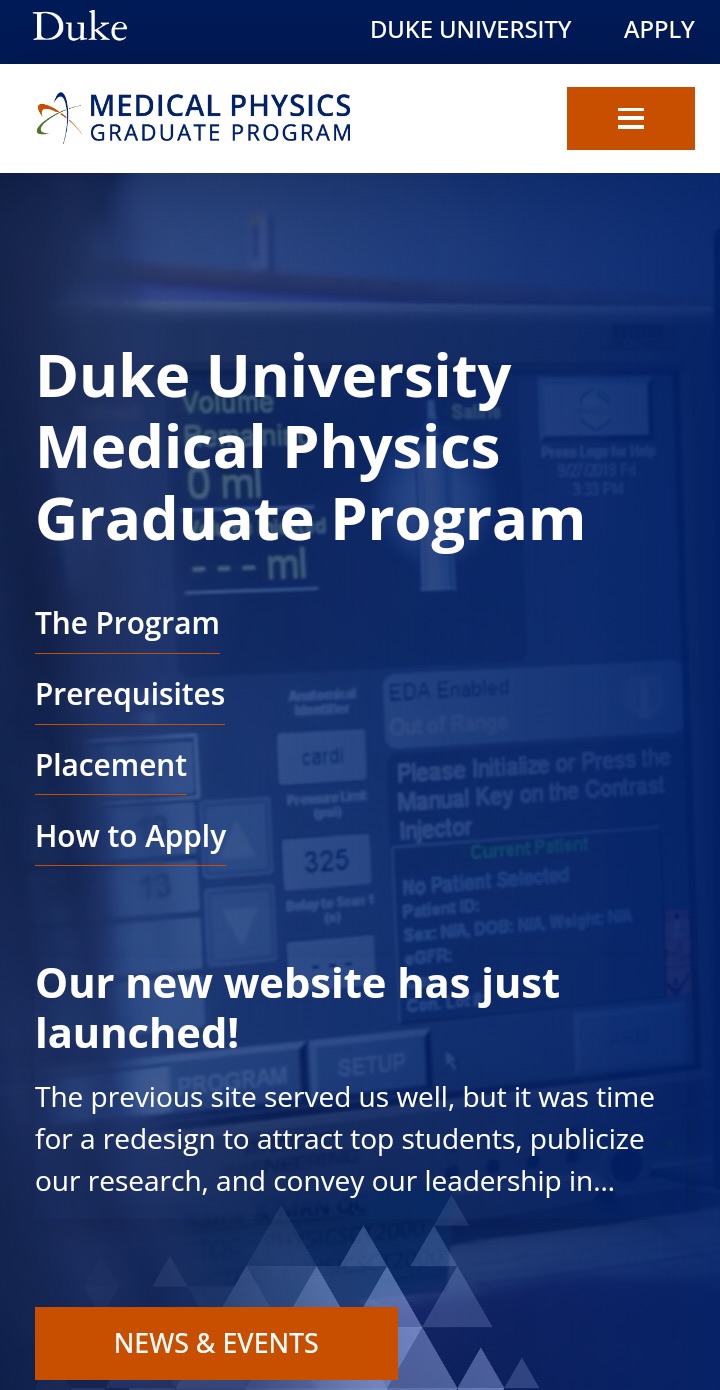 Mobile responsive mockups of Duke Medical Physics Homepage