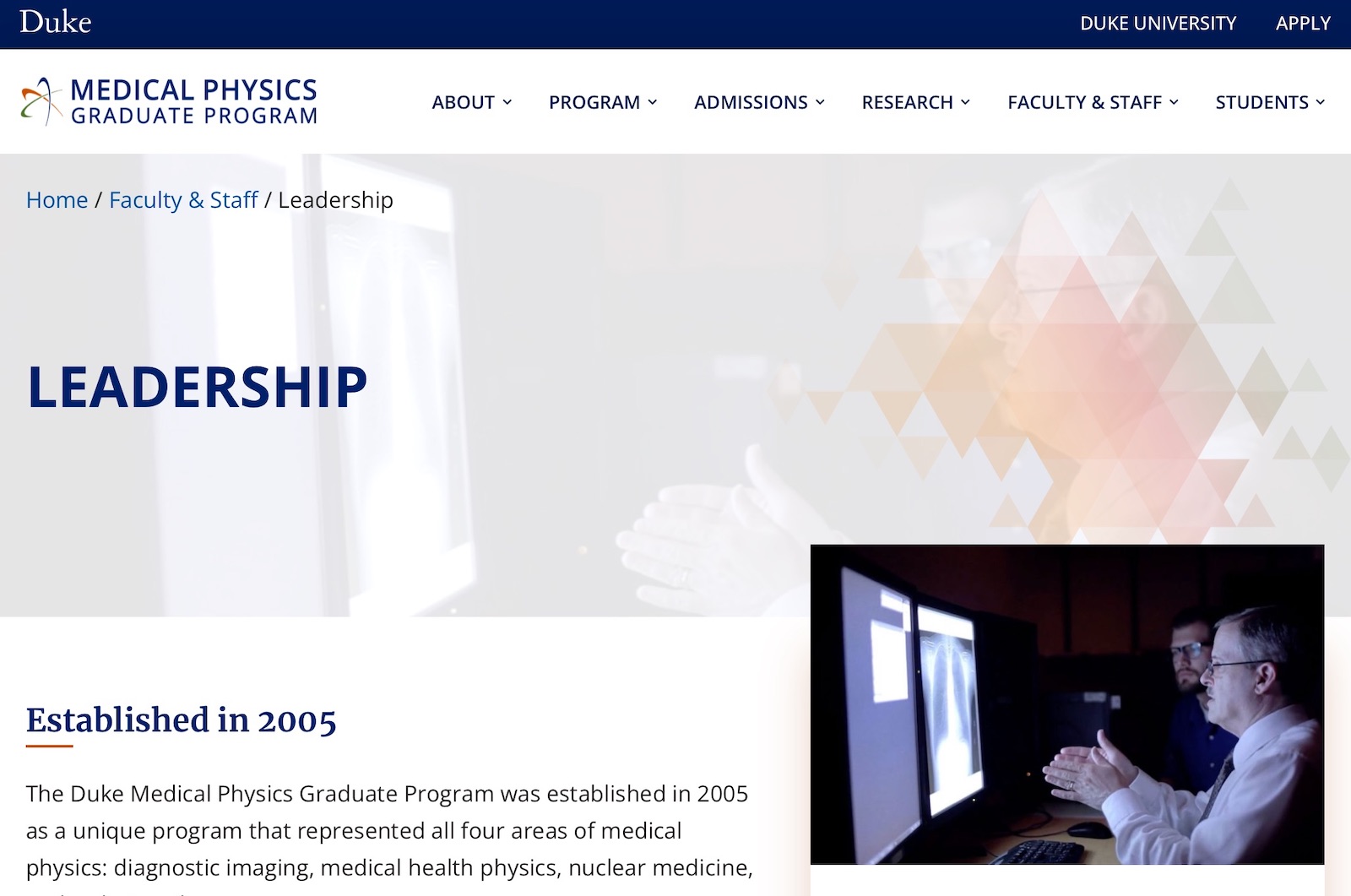 Tablet responsive mockups of Duke Medical Physics website leadership page