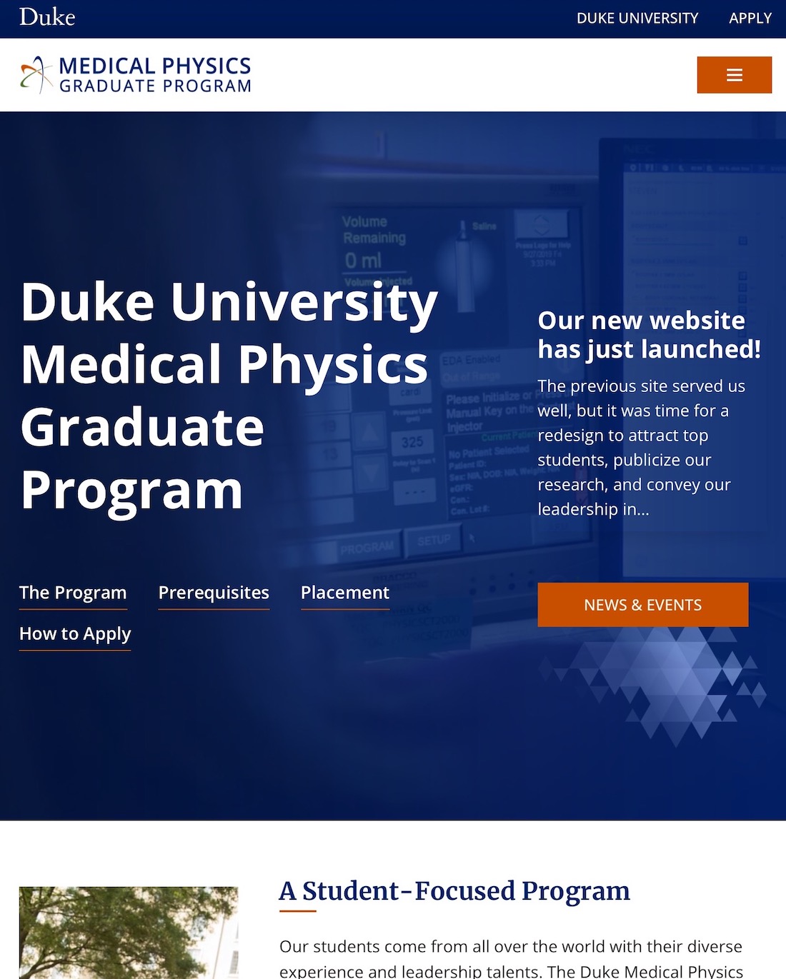 Tablet responsive mockups of Duke Medical Physics Website homepage