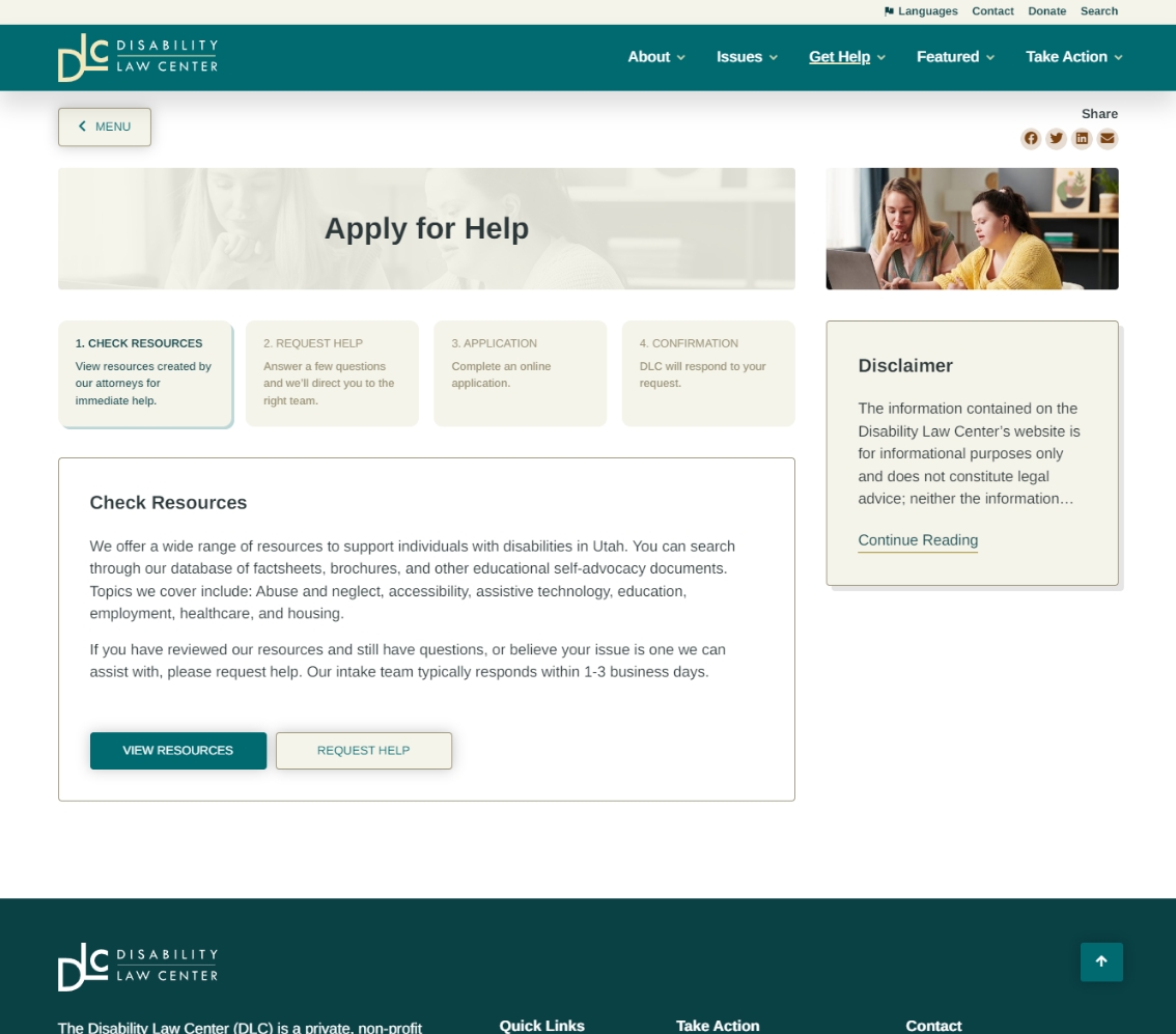 Disability Law Center Intake Page Screenshot