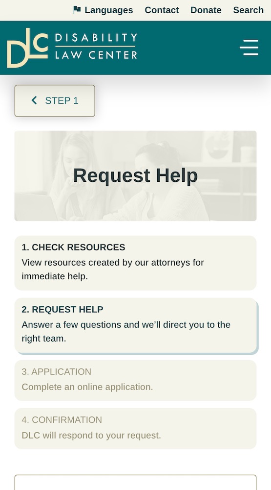 Disability Law Center mobile get help page screenshot