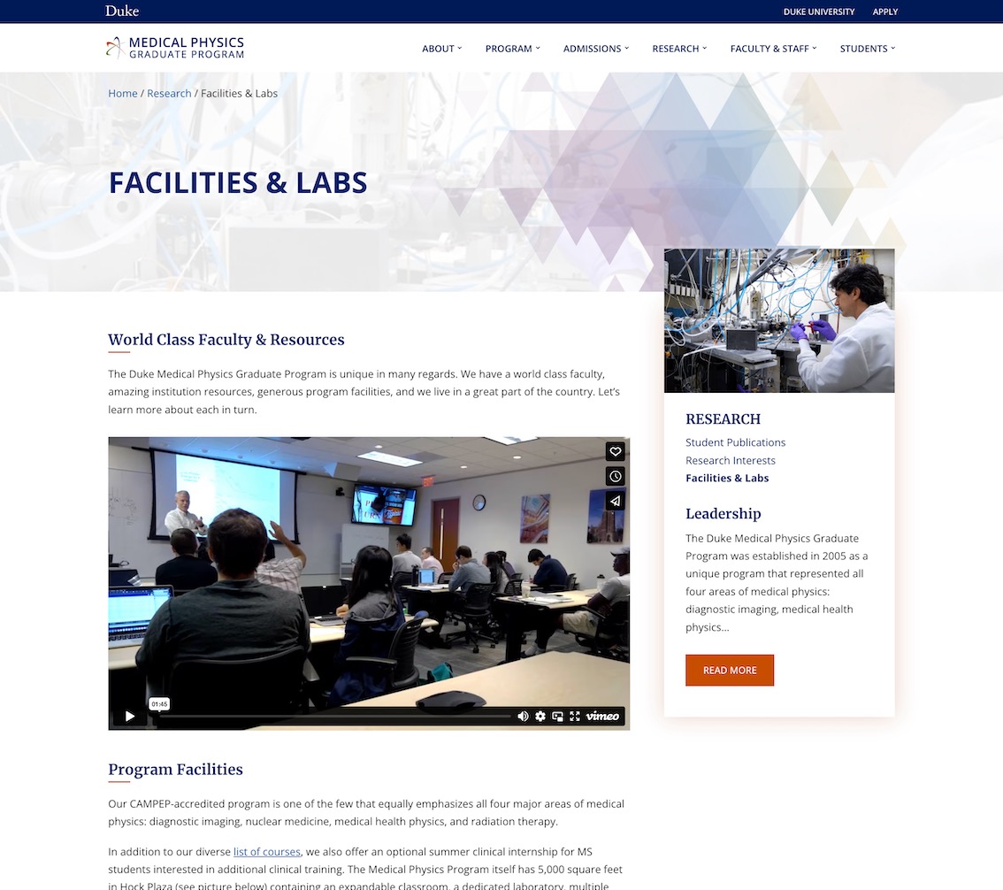 Medical Physics Website Facility & Labs Screenshot Desktop