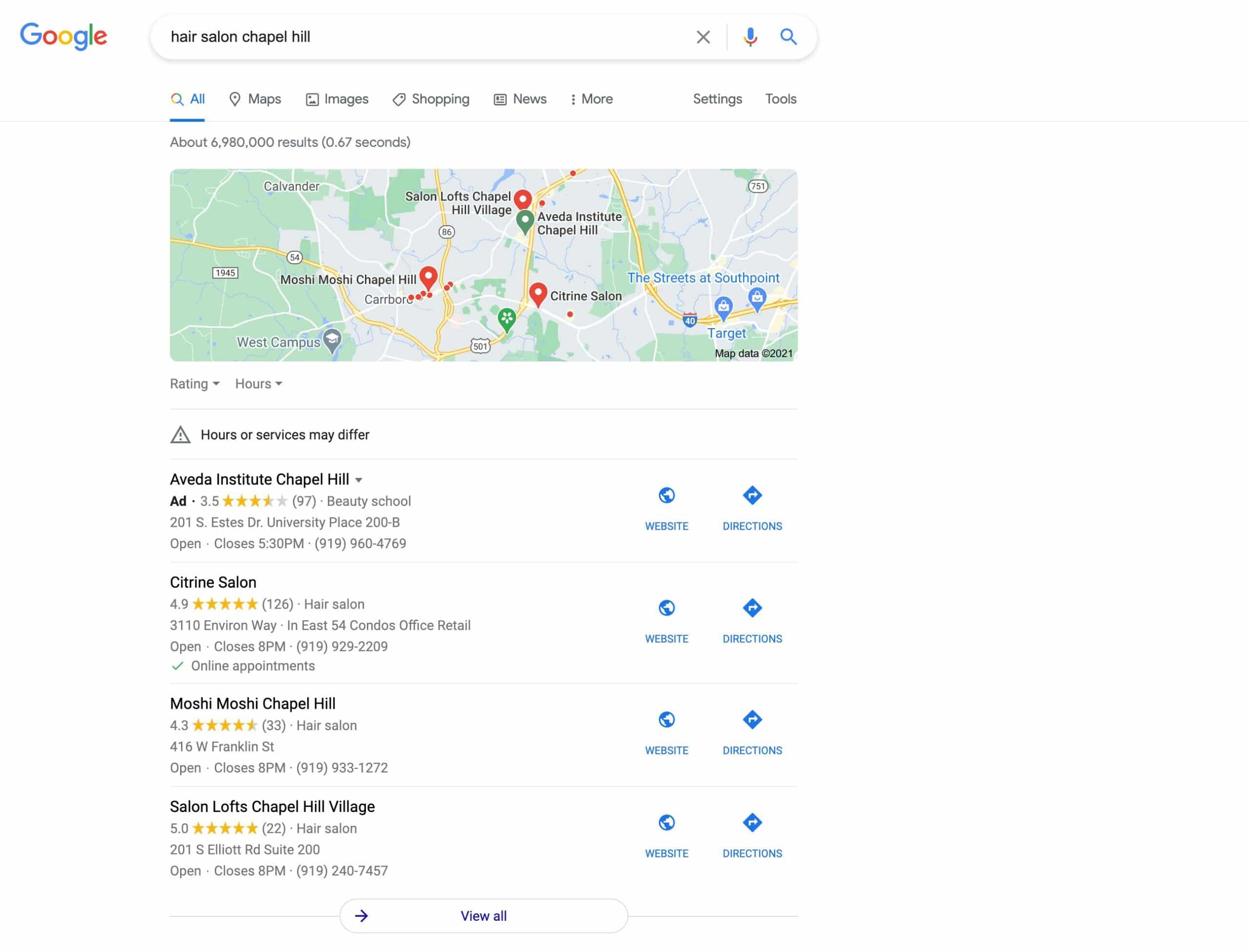 Google Local search results example for certain query