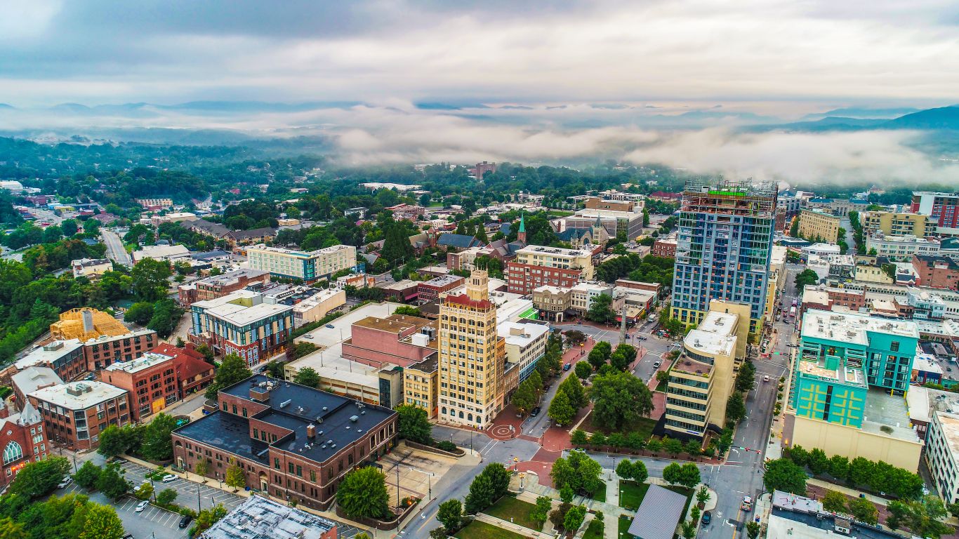 Aerial of Downtown Asheville North Carolina NC Skyline where we provide web design