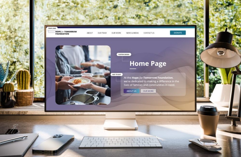 Mockup of a modern nonprofit website designed by ch web agency in front of a bright window